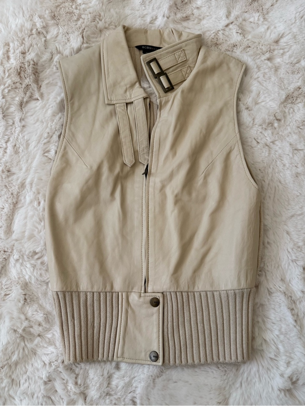 BCBGMaxAzria Cream/Beige Leather & Ribbed Knit Sleeveless Crop Vest - Size Med